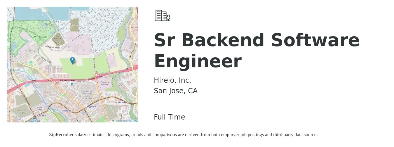 Hireio, Inc. job posting for a Sr Backend Software Engineer in San Jose, CA with a salary of $145,300 to $201,600 Yearly with a map of San Jose location.
