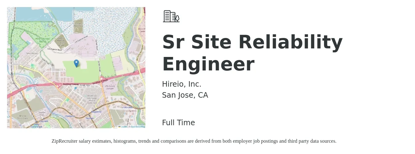 Hireio, Inc. job posting for a Sr Site Reliability Engineer in San Jose, CA with a salary of $67 to $89 Hourly with a map of San Jose location.
