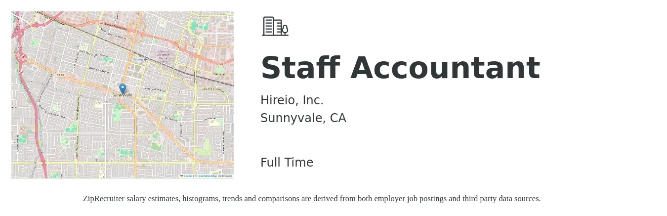 Hireio, Inc. job posting for a Staff Accountant in Sunnyvale, CA with a salary of $64,600 to $85,100 Yearly with a map of Sunnyvale location.