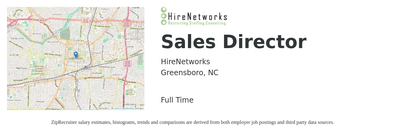 HireNetworks job posting for a Sales Director in Greensboro, NC with a salary of $68,300 to $121,100 Yearly with a map of Greensboro location.