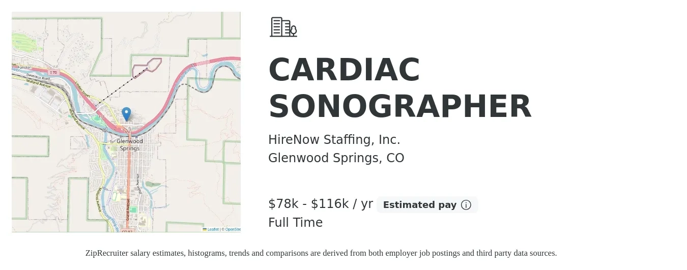 HireNow Staffing, Inc. job posting for a CARDIAC SONOGRAPHER in Glenwood Springs, CO with a salary of $34 to $54 Hourly with a map of Glenwood Springs location.