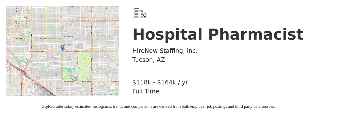 HireNow Staffing, Inc. job posting for a Hospital Pharmacist in Tucson, AZ with a salary of $118,000 to $164,000 Yearly with a map of Tucson location.
