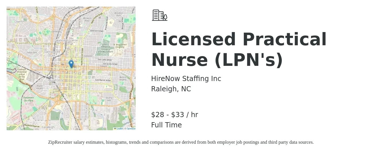 HireNow Staffing Inc job posting for a Licensed Practical Nurse (LPN's) in Raleigh, NC with a salary of $30 to $35 Hourly with a map of Raleigh location.