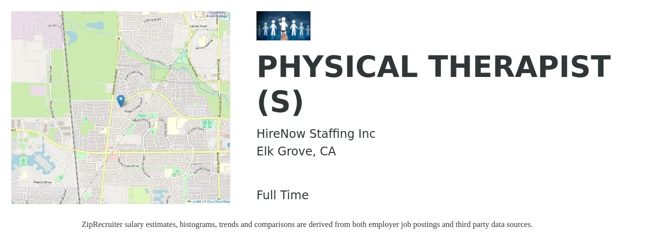 HireNow Staffing Inc job posting for a PHYSICAL THERAPIST (S) in Elk Grove, CA with a salary of $80,000 to $90,000 Yearly with a map of Elk Grove location.