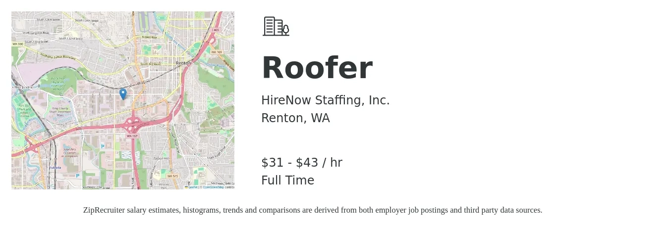 HireNow Staffing, Inc. job posting for a Roofer in Renton, WA with a salary of $33 to $45 Hourly with a map of Renton location.