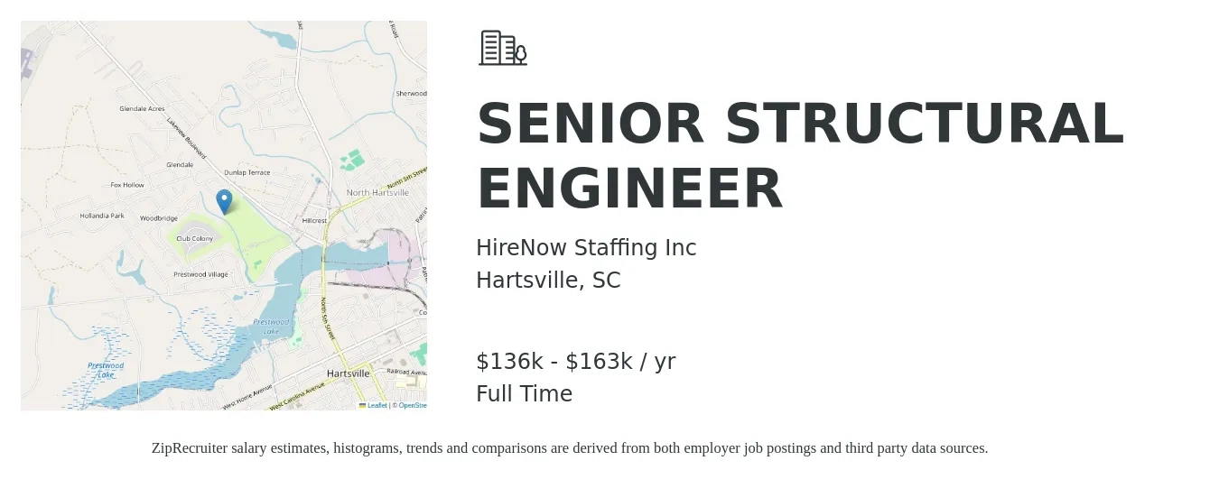 HireNow Staffing Inc job posting for a SENIOR STRUCTURAL ENGINEER in Hartsville, SC with a salary of $136,000 to $163,000 Yearly with a map of Hartsville location.