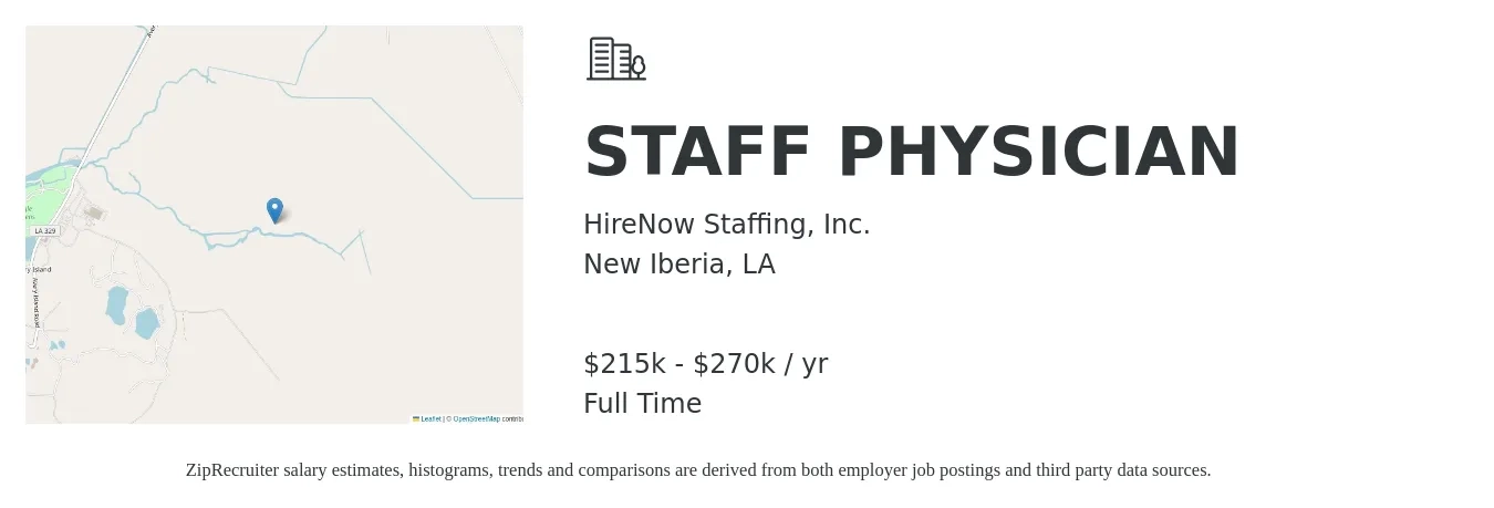HireNow Staffing, Inc. job posting for a STAFF PHYSICIAN in New Iberia, LA with a salary of $215,000 to $270,000 Yearly with a map of New Iberia location.