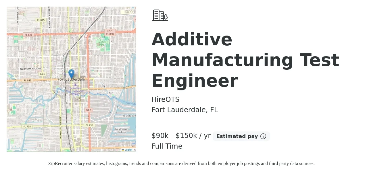 HireOTS job posting for a Additive Manufacturing Test Engineer in Fort Lauderdale, FL with a salary of $90,000 to $150,000 Yearly with a map of Fort Lauderdale location.