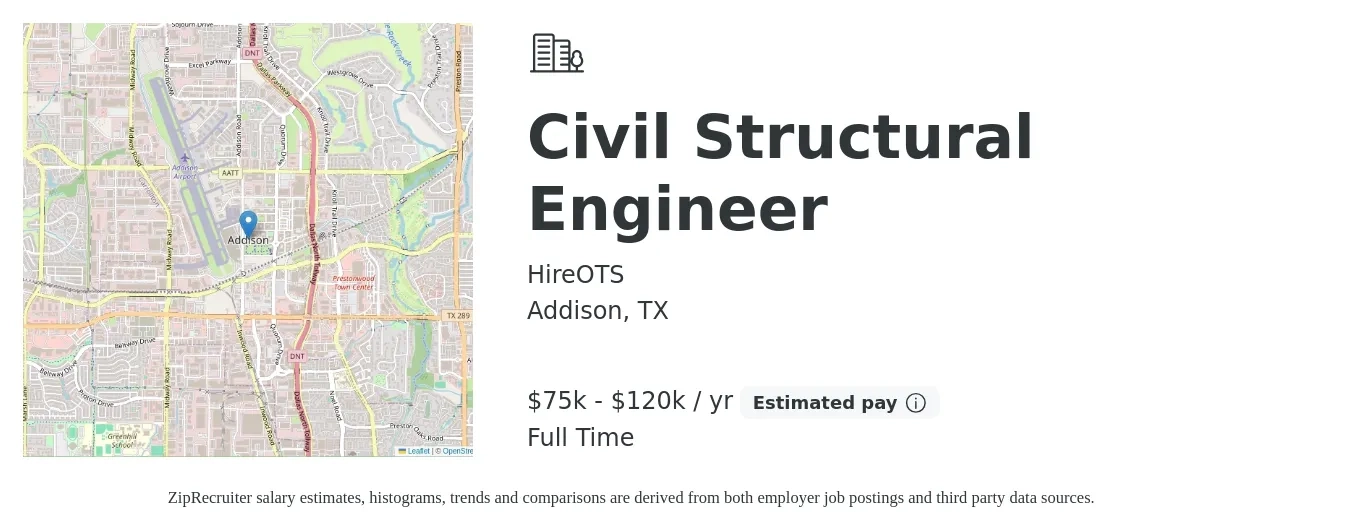 HireOTS job posting for a Civil Structural Engineer in Addison, TX with a salary of $75,000 to $120,000 Yearly with a map of Addison location.