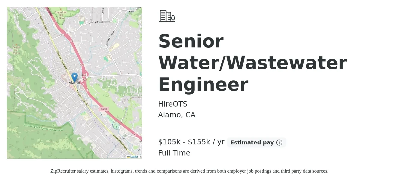 HireOTS job posting for a Senior Water/Wastewater Engineer in Alamo, CA with a salary of $105,000 to $155,000 Yearly with a map of Alamo location.