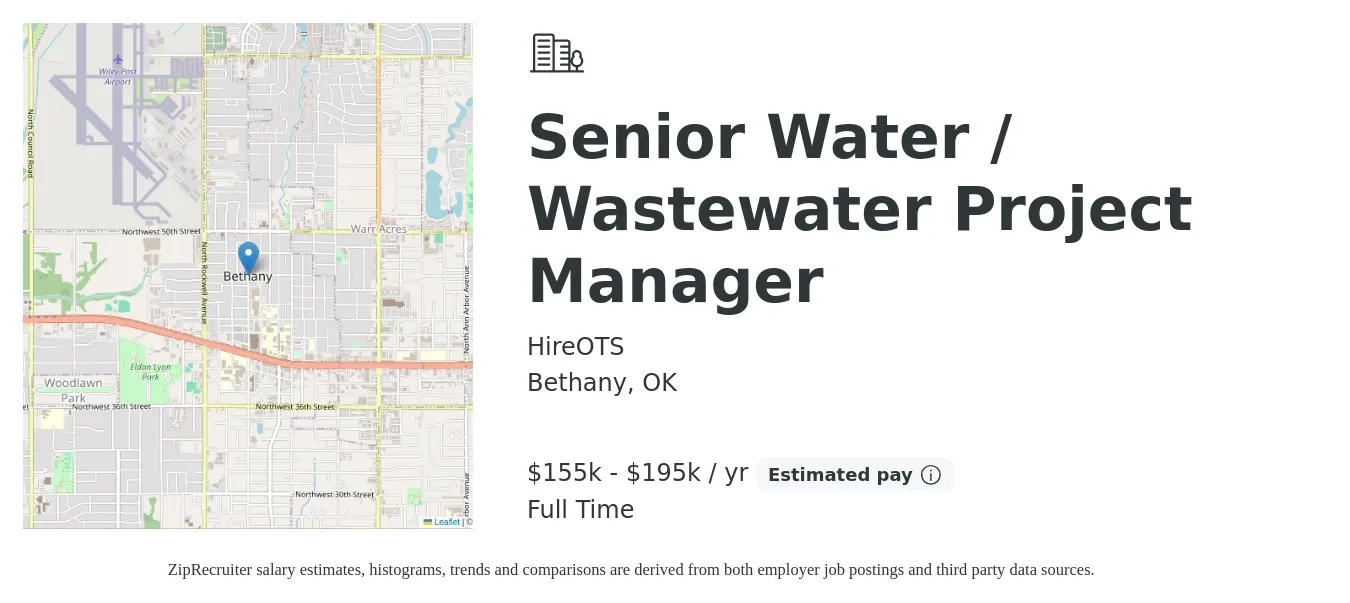 HireOTS job posting for a Senior Water / Wastewater Project Manager in Bethany, OK with a salary of $155,000 to $195,000 Yearly with a map of Bethany location.