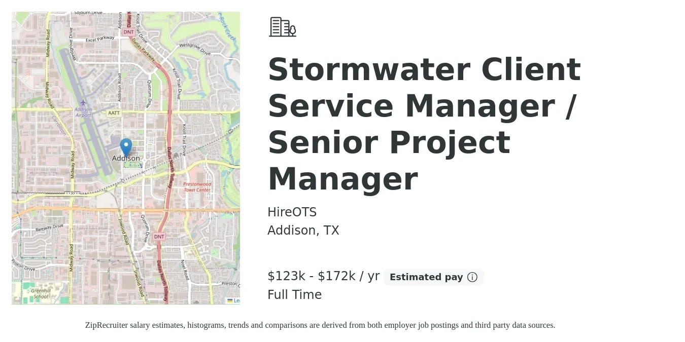 HireOTS job posting for a Stormwater Client Service Manager / Senior Project Manager in Addison, TX with a salary of $123,600 to $172,800 Yearly with a map of Addison location.