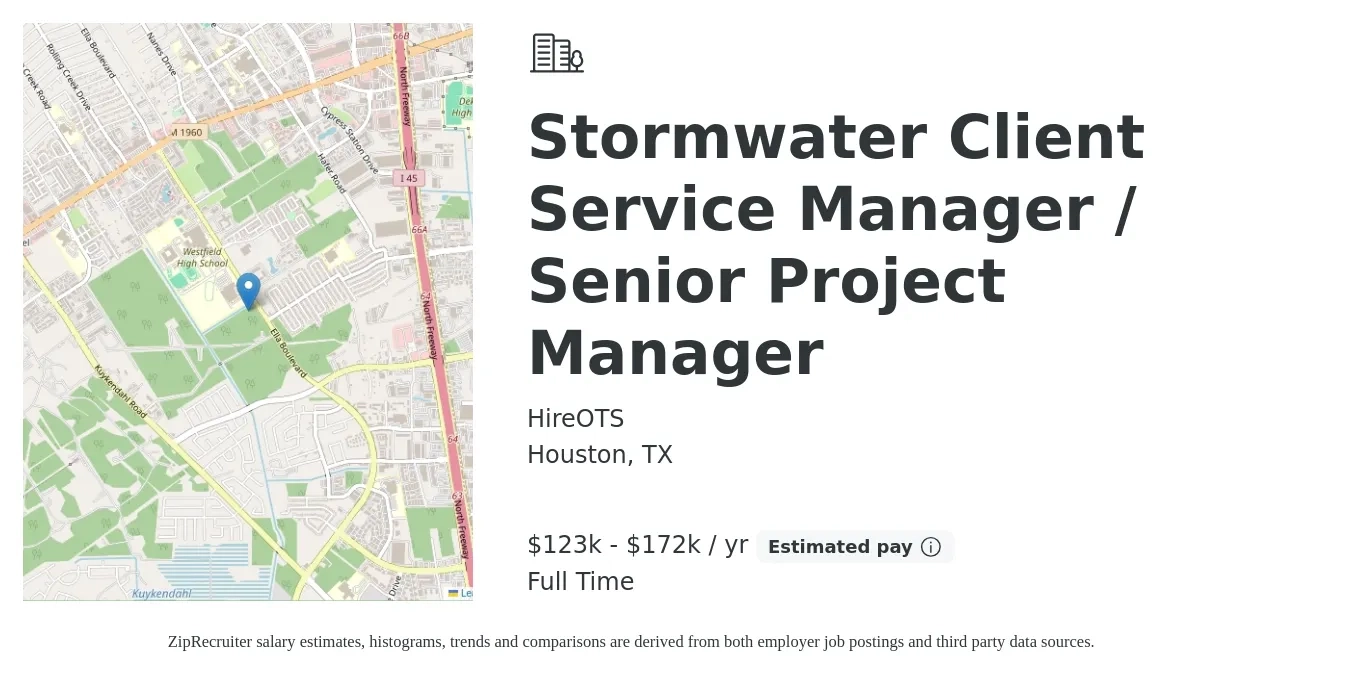 HireOTS job posting for a Stormwater Client Service Manager / Senior Project Manager in Houston, TX with a salary of $123,600 to $172,800 Yearly with a map of Houston location.