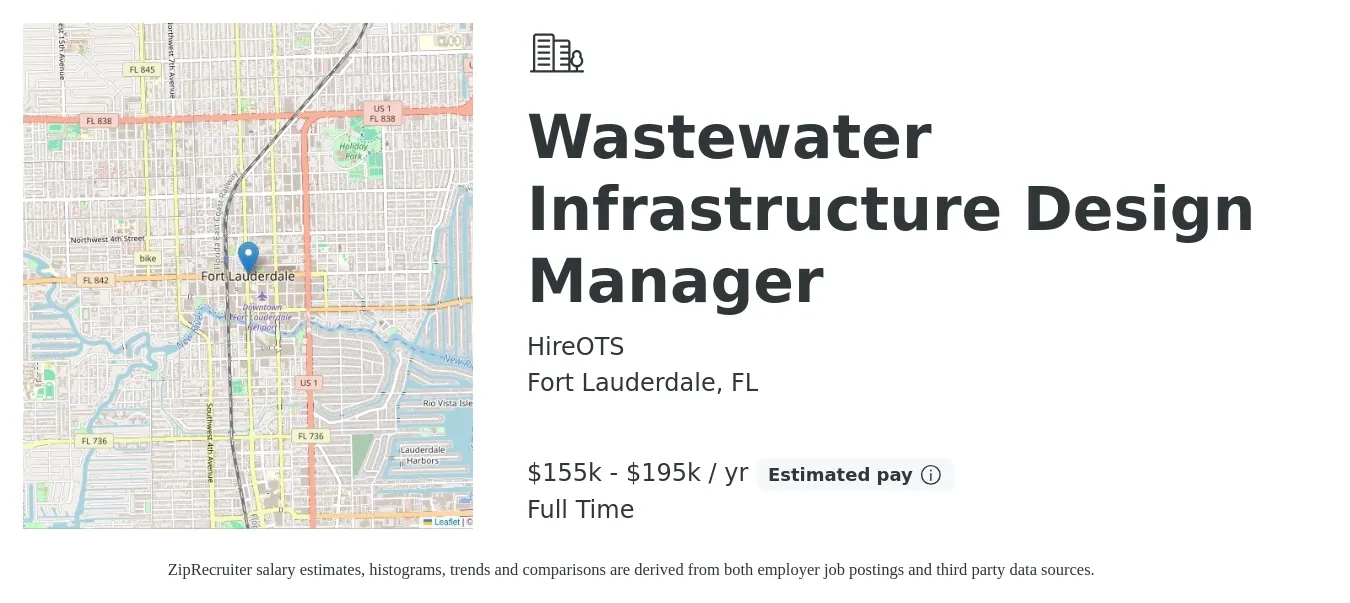 HireOTS job posting for a Wastewater Infrastructure Design Manager in Fort Lauderdale, FL with a salary of $155,000 to $195,000 Yearly with a map of Fort Lauderdale location.
