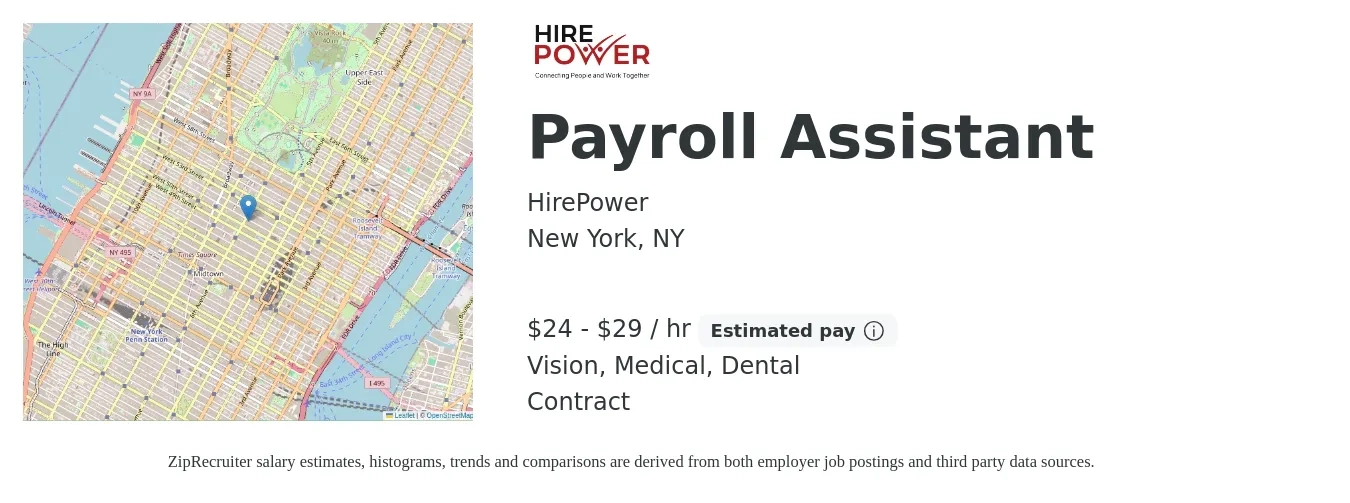 HirePower job posting for a Payroll Assistant in New York, NY with a salary of $25 to $31 Hourly and benefits including dental, life_insurance, medical, and vision with a map of New York location.