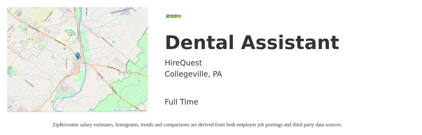 HireQuest job posting for a Dental Assistant in Collegeville, PA with a salary of $18 to $23 Hourly with a map of Collegeville location.