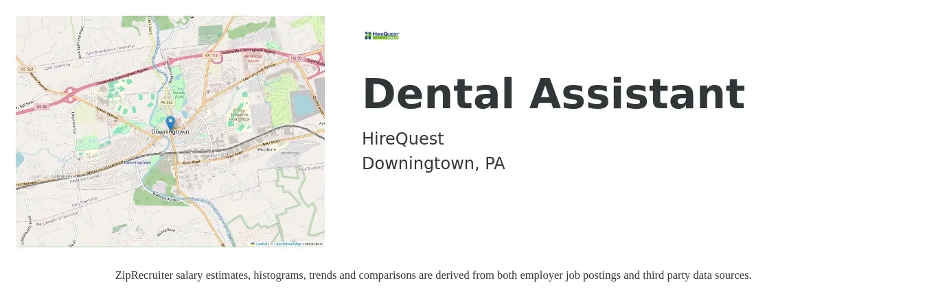 HireQuest job posting for a Dental Assistant in Downingtown, PA with a salary of $19 to $24 Hourly with a map of Downingtown location.