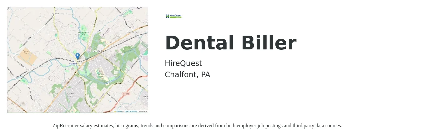 HireQuest job posting for a Dental Biller in Chalfont, PA with a salary of $18 to $24 Hourly with a map of Chalfont location.