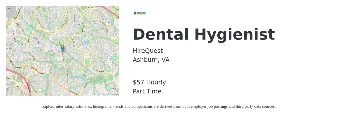HireQuest job posting for a Dental Hygienist in Ashburn, VA with a salary of $60 Hourly with a map of Ashburn location.