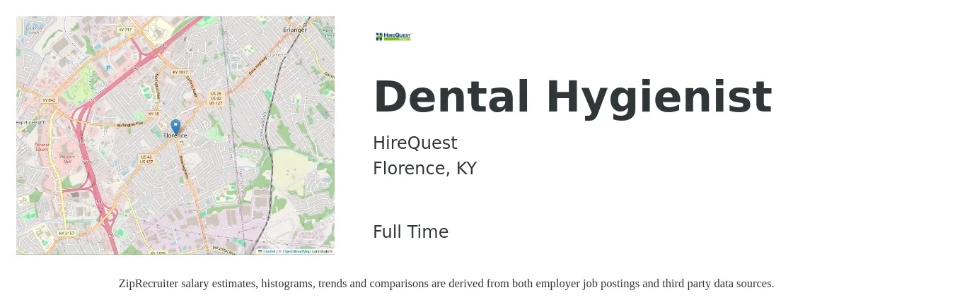 HireQuest job posting for a Dental Hygienist in Florence, KY with a salary of $38 to $50 Hourly with a map of Florence location.