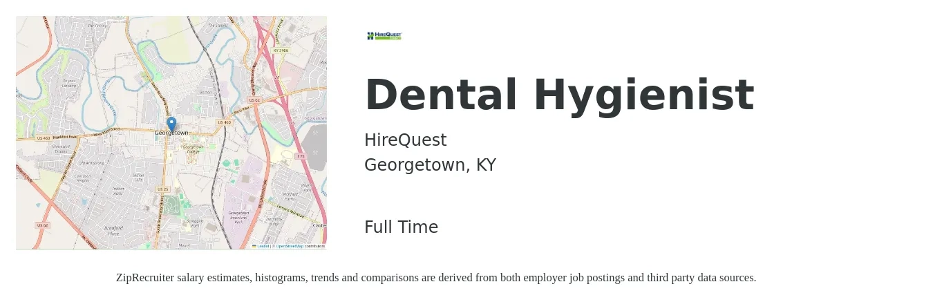 HireQuest job posting for a Dental Hygienist in Georgetown, KY with a salary of $34 to $45 Hourly with a map of Georgetown location.