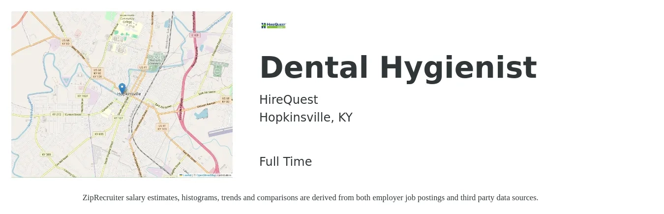 HireQuest job posting for a Dental Hygienist in Hopkinsville, KY with a salary of $38 to $50 Hourly with a map of Hopkinsville location.