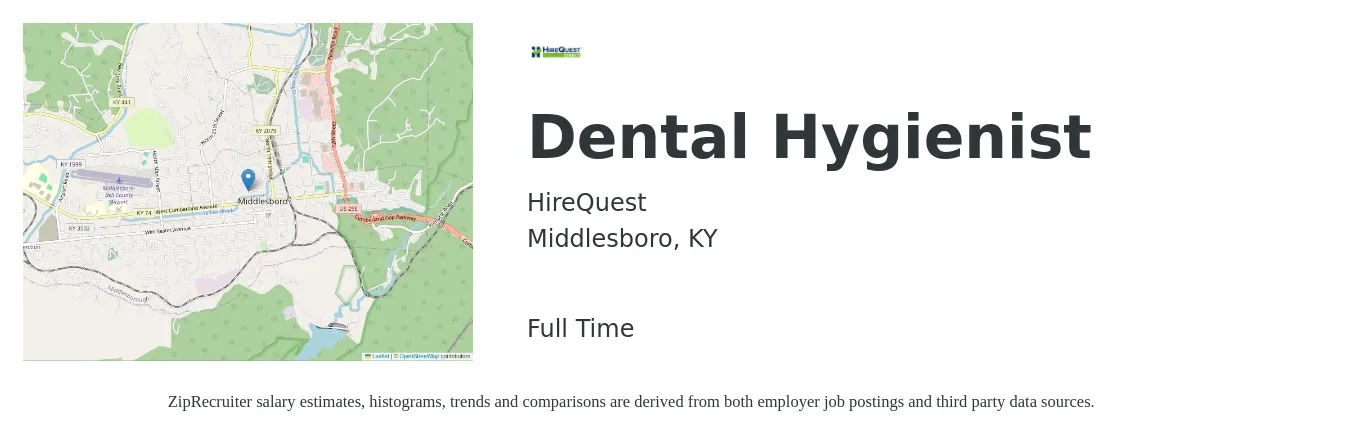HireQuest job posting for a Dental Hygienist in Middlesboro, KY with a salary of $32 to $41 Hourly with a map of Middlesboro location.