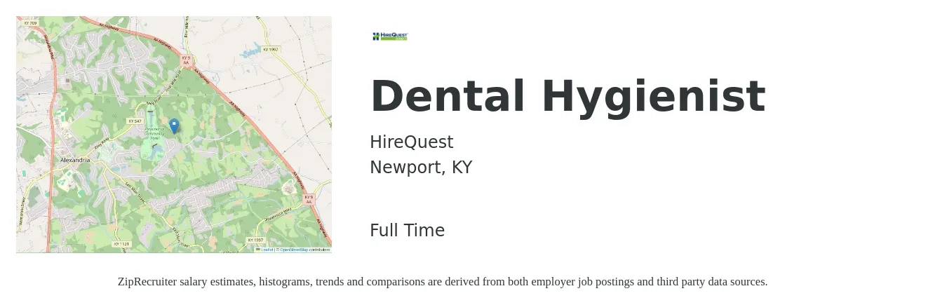 HireQuest job posting for a Dental Hygienist in Newport, KY with a salary of $36 to $48 Hourly with a map of Newport location.