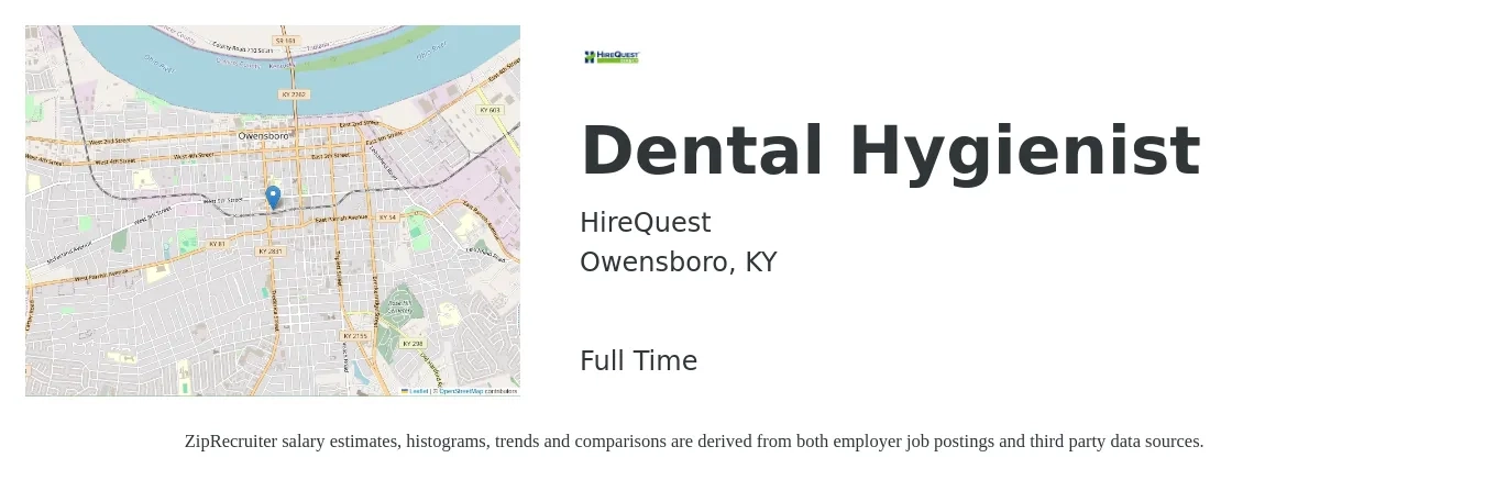 HireQuest job posting for a Dental Hygienist in Owensboro, KY with a salary of $38 to $50 Hourly with a map of Owensboro location.