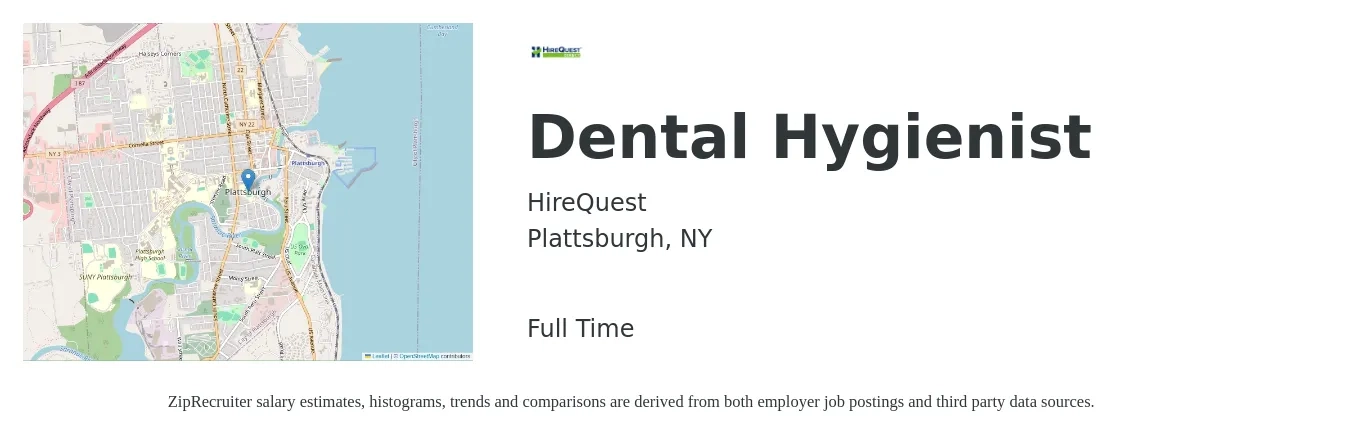 HireQuest job posting for a Dental Hygienist in Plattsburgh, NY with a salary of $40 to $52 Hourly with a map of Plattsburgh location.
