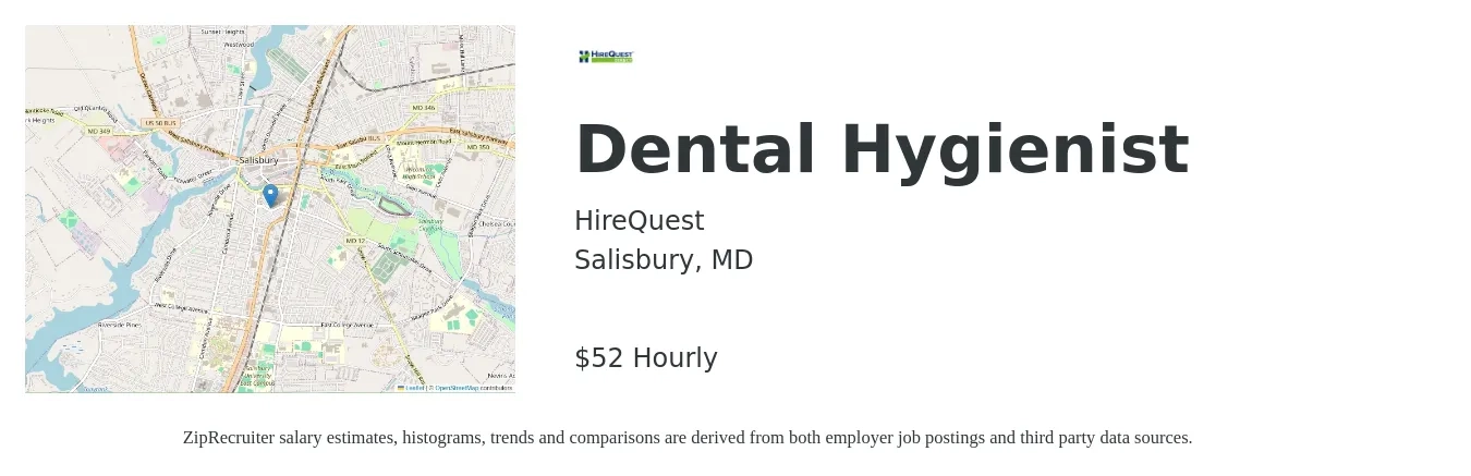 HireQuest job posting for a Dental Hygienist in Salisbury, MD with a salary of $38 to $50 Hourly with a map of Salisbury location.