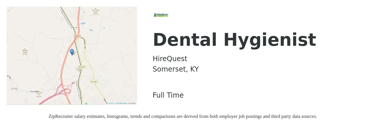 HireQuest job posting for a Dental Hygienist in Somerset, KY with a salary of $33 to $43 Hourly with a map of Somerset location.