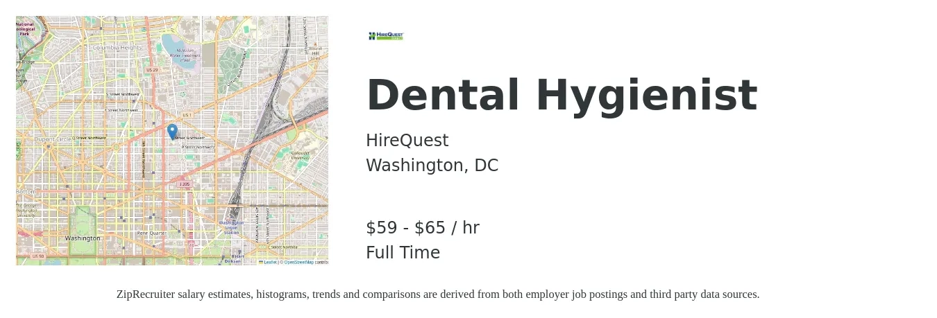 HireQuest job posting for a Dental Hygienist in Washington, DC with a salary of $62 to $68 Hourly with a map of Washington location.