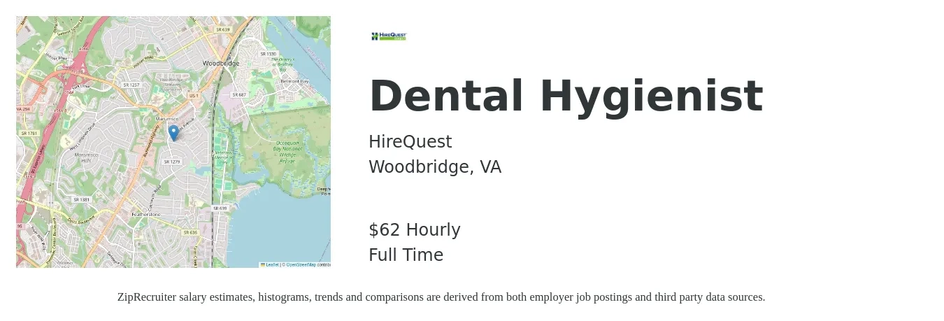 HireQuest job posting for a Dental Hygienist in Woodbridge, VA with a salary of $65 Hourly with a map of Woodbridge location.