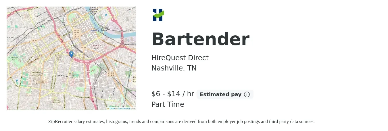 HireQuest Direct job posting for a Bartender in Nashville, TN with a salary of $7 to $15 Hourly (plus commission) with a map of Nashville location.