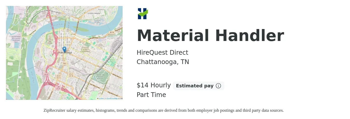 HireQuest Direct job posting for a Material Handler in Chattanooga, TN with a salary of $15 Hourly with a map of Chattanooga location.