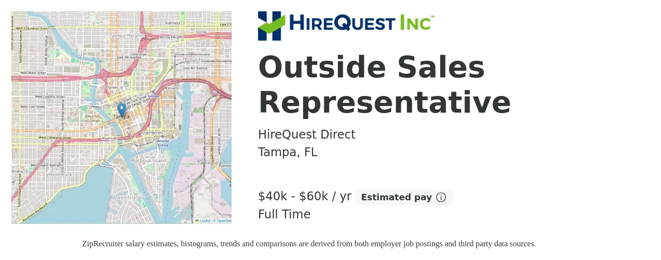 HireQuest Direct job posting for a Outside Sales Representative in Tampa, FL with a salary of $40,000 to $60,000 Yearly with a map of Tampa location.