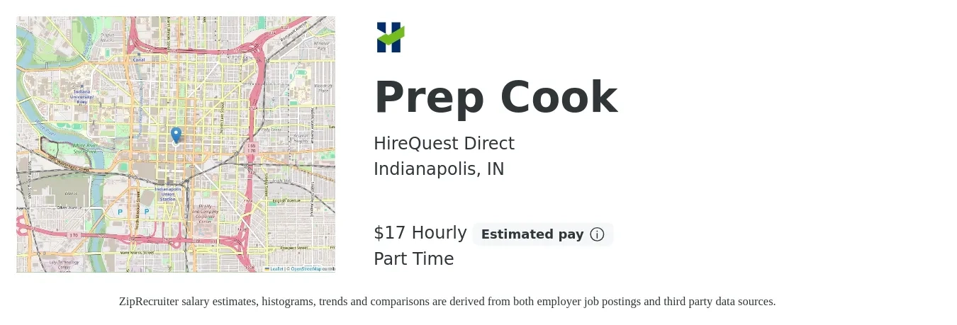 HireQuest Direct job posting for a Prep Cook in Indianapolis, IN with a salary of $18 Hourly with a map of Indianapolis location.
