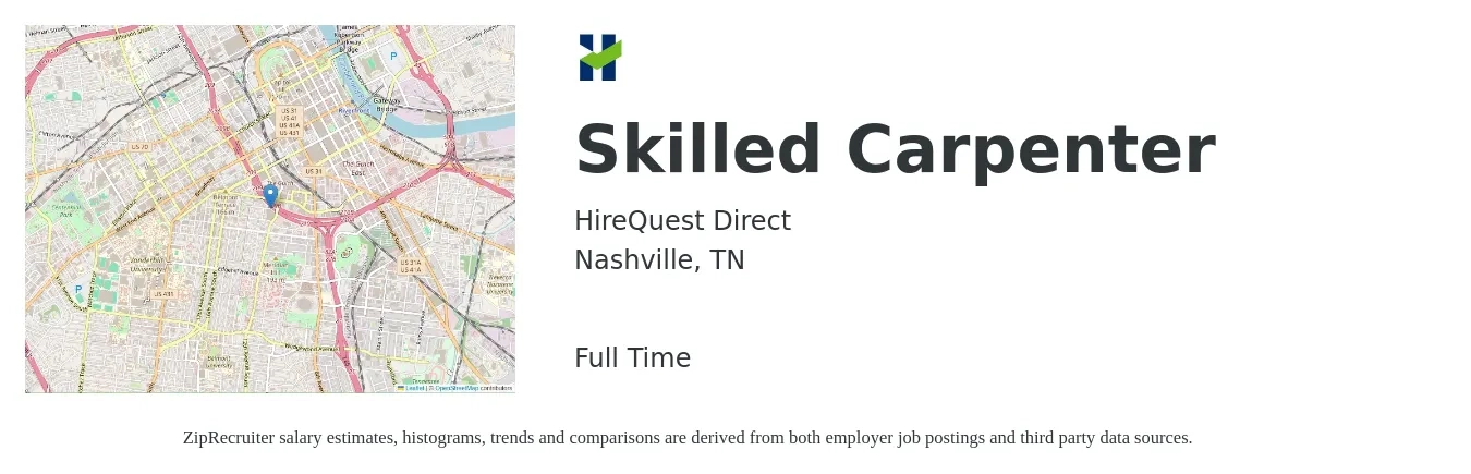 HireQuest Direct job posting for a Skilled Carpenter in Nashville, TN with a salary of $22 to $26 Daily with a map of Nashville location.