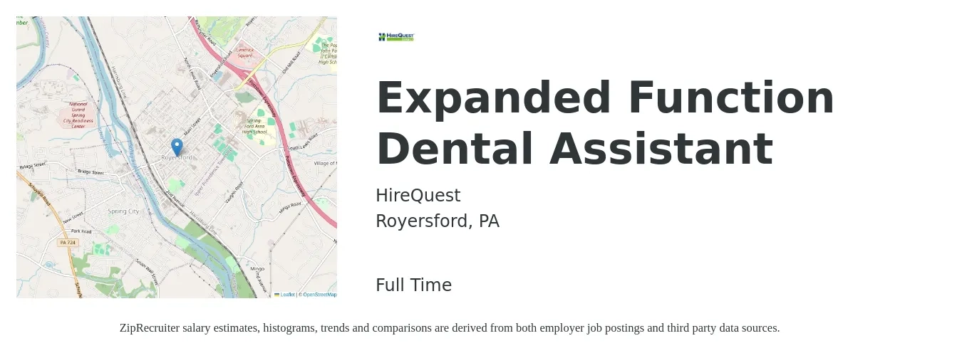 HireQuest job posting for a Expanded Function Dental Assistant in Royersford, PA with a salary of $20 to $26 Hourly with a map of Royersford location.