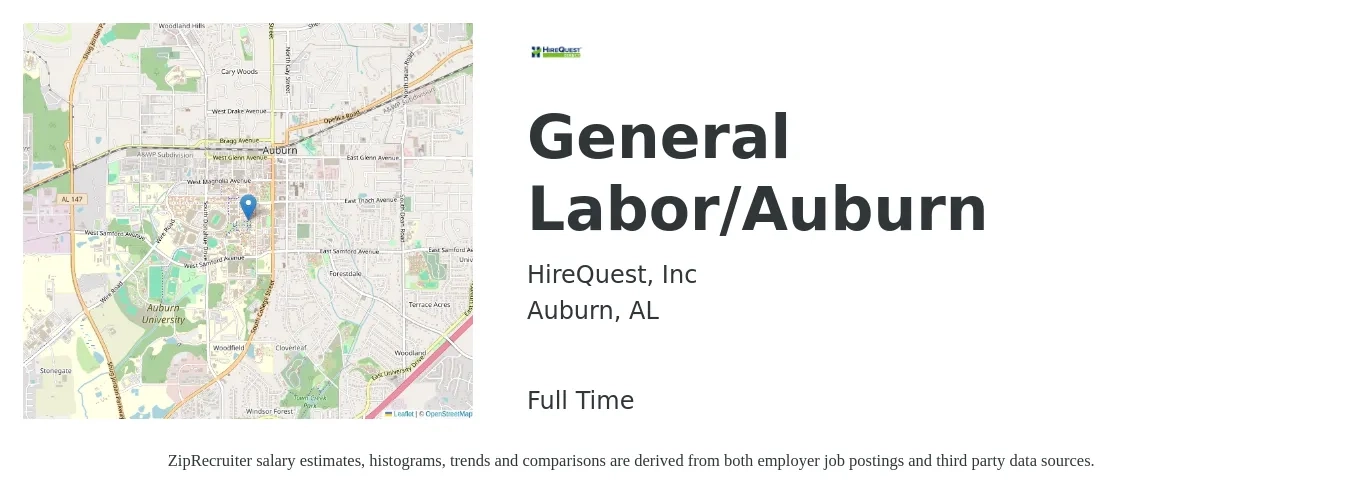HireQuest, Inc job posting for a General Labor/Auburn in Auburn, AL with a salary of $13 to $17 Hourly with a map of Auburn location.