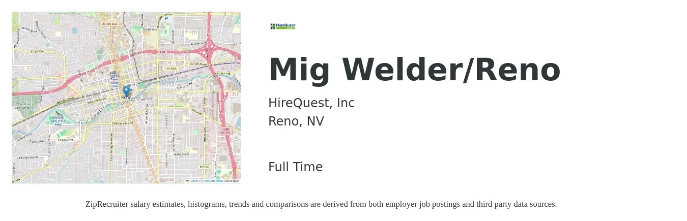 HireQuest, Inc job posting for a Mig Welder/Reno in Reno, NV with a salary of $18 to $23 Hourly with a map of Reno location.