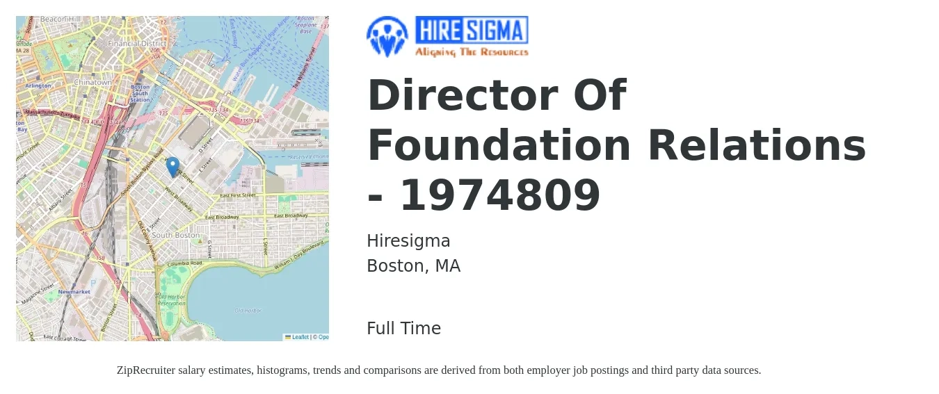 Hiresigma job posting for a Director Of Foundation Relations - 1974809 in Boston, MA with a salary of $88,000 to $145,600 Yearly with a map of Boston location.
