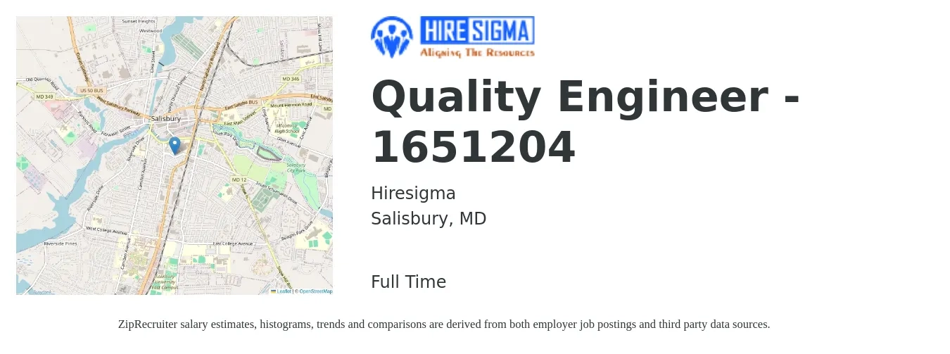 Hiresigma job posting for a Quality Engineer - 1651204 in Salisbury, MD with a salary of $71,100 to $91,800 Yearly with a map of Salisbury location.