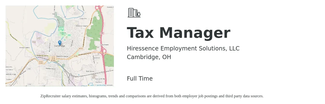Hiressence Employment Solutions, LLC job posting for a Tax Manager in Cambridge, OH with a salary of $98,500 to $129,100 Yearly with a map of Cambridge location.