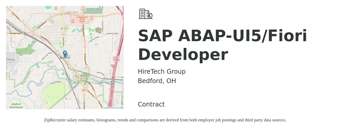 HireTech Group job posting for a SAP ABAP-UI5/Fiori Developer in Bedford, OH with a salary of $56 to $76 Hourly with a map of Bedford location.