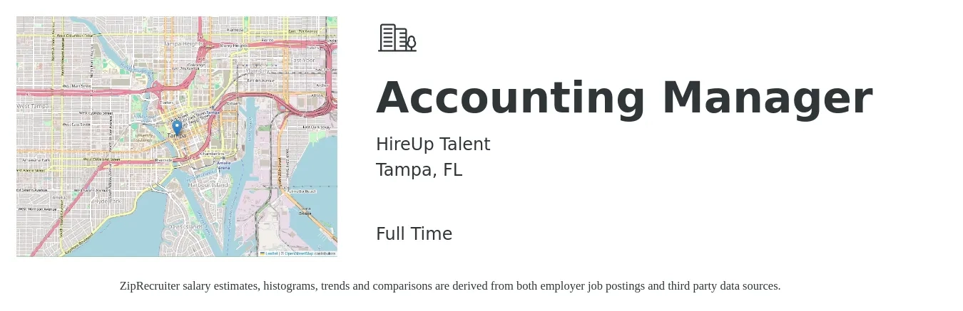 HireUp Talent job posting for a Accounting Manager in Tampa, FL with a salary of $90,000 to $115,000 Yearly with a map of Tampa location.