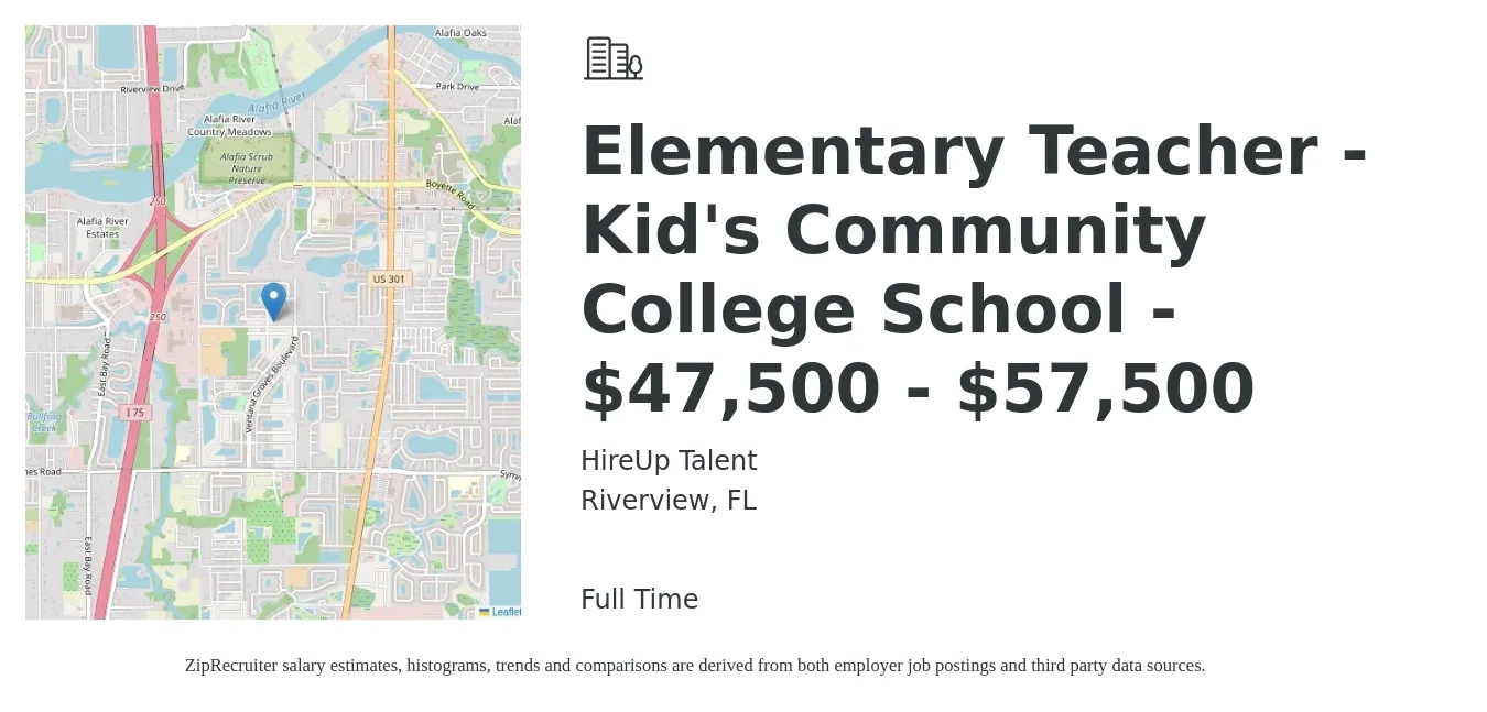 HireUp Talent job posting for a Elementary Teacher - Kid's Community College School - $47,500 - $57,500 in Riverview, FL with a salary of $47,500 to $57,500 Yearly with a map of Riverview location.