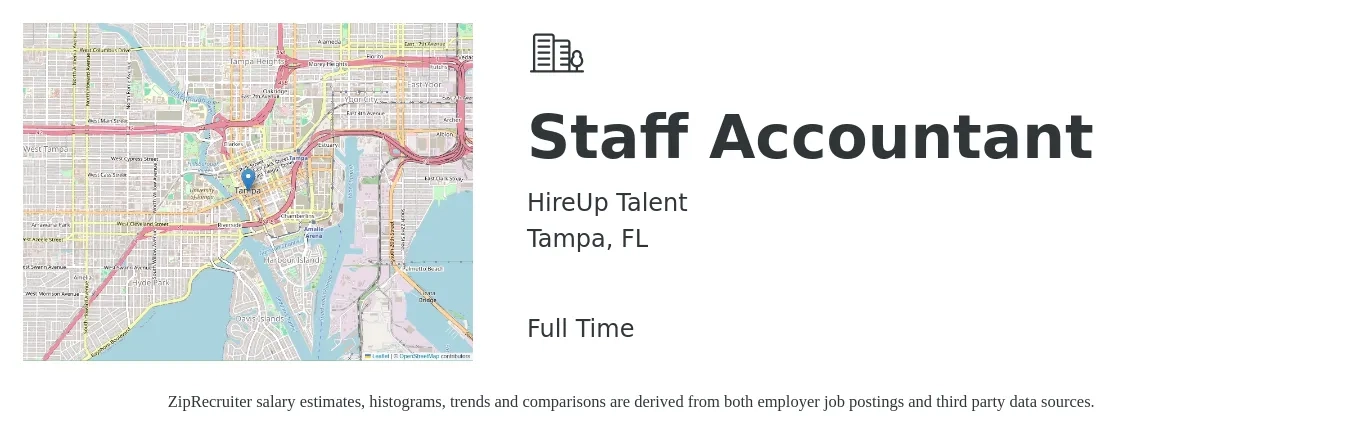 HireUp Talent job posting for a Staff Accountant in Tampa, FL with a salary of $55,000 to $60,000 Yearly with a map of Tampa location.