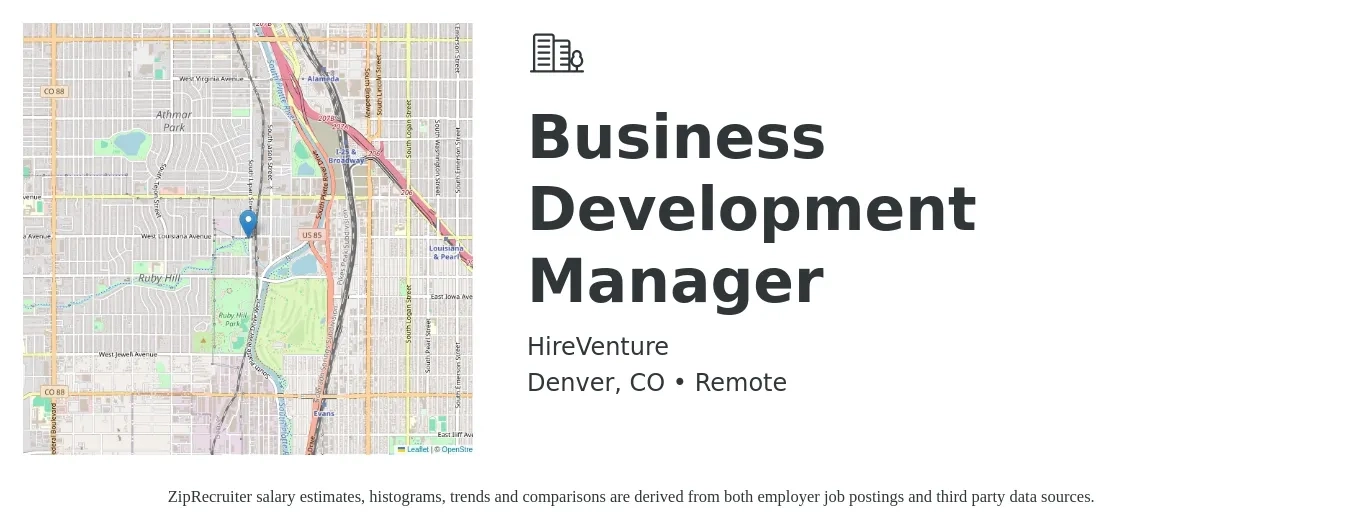 HireVenture job posting for a Business Development Manager in Denver, CO with a salary of $62,800 to $102,900 Yearly with a map of Denver location.